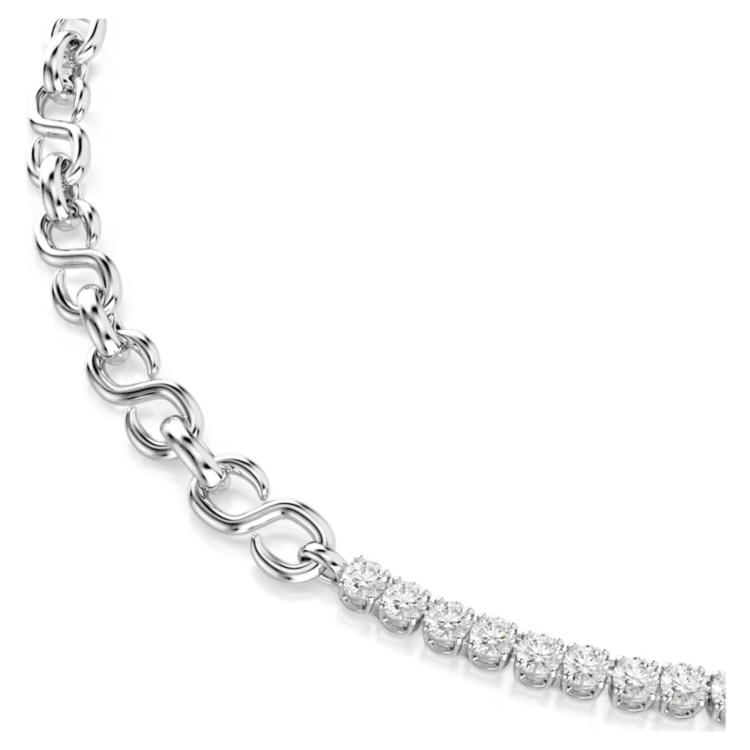 Matrix necklace S-shape, Round cut, White, Rhodium plated